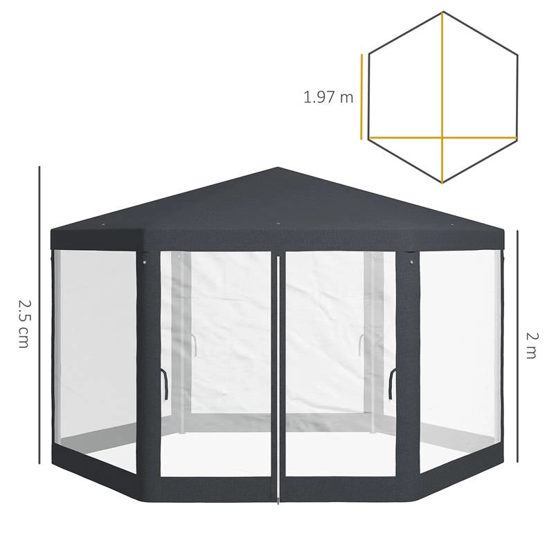 GAZEBO DA GIARDINO ESAGONALE CON DOPPIO INGRESSO, IN METALLO E POLIESTERE, 3.94X3.94X2.5 M, GRIGIO