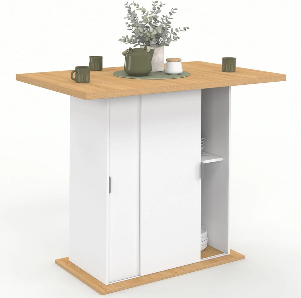 Isola centrale PAXTON 110 cm per 4 persone con contenitore in legno bianco e piano di lavoro effetto faggio