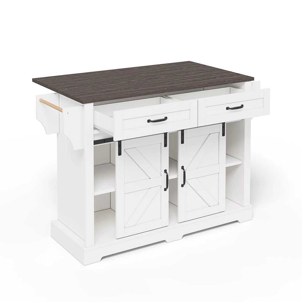 Isola cucina con piano ribaltabile - Xylo - 120¡Á45(70)¡Á91 cm - Bianco - Carrello con ruote, 2 ante scorrevoli, 2 cassetti