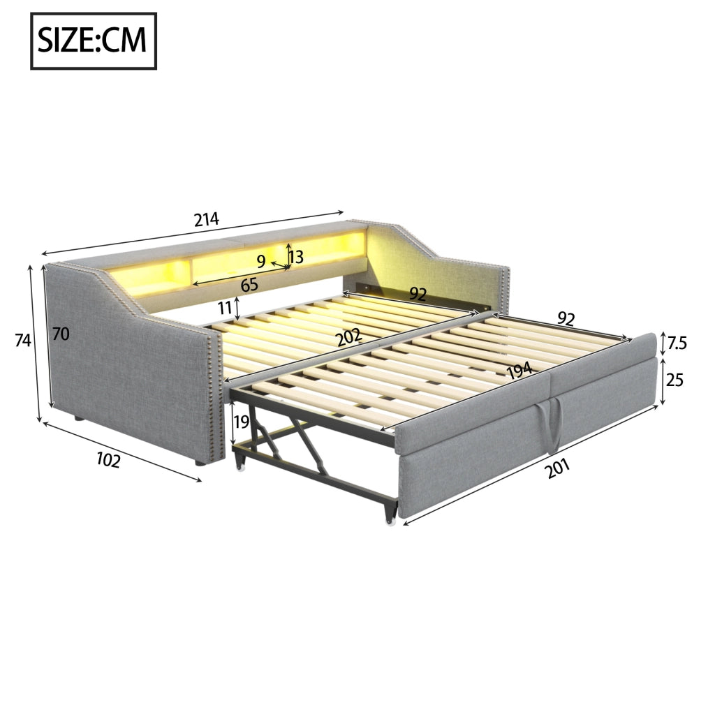 Divano letto imbottito ULEVR estraibile 90/180x200 cm con 3 vani, LED e USB, grigio chiaro