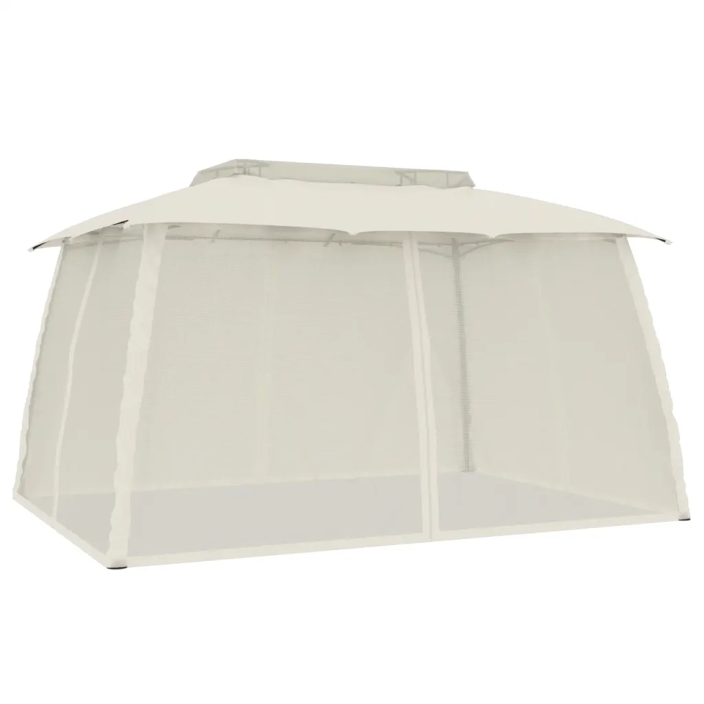 Gazebo con Tetto Doppio e Pareti Rete Crema 3,93x2,93 m Acciaio