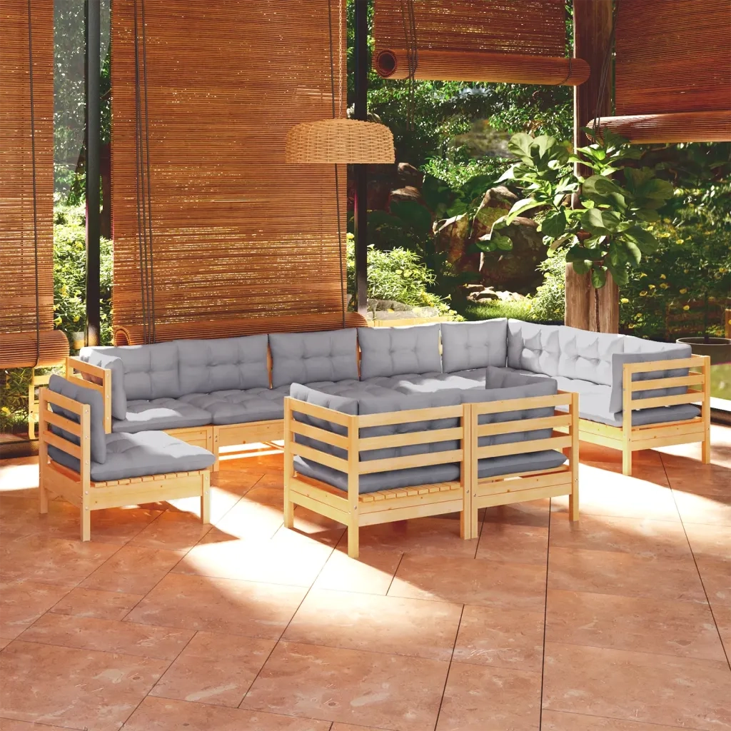 Set Divani da Giardino 10 pz con Cuscini Grigi Massello di Pino 3096778