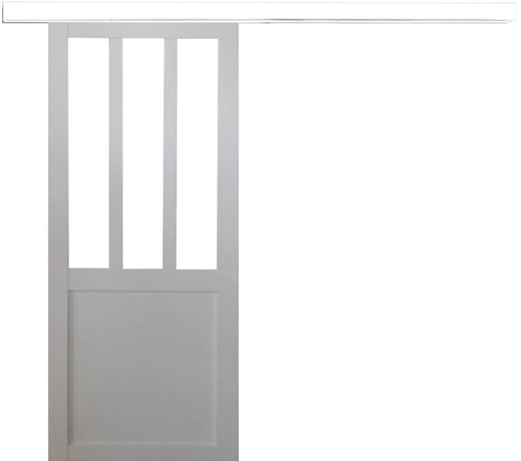 Porta scorrevole per officina rivestita di bianco con vetro trasparente H204 x L83 + guida bianca