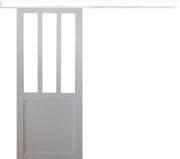 Porta scorrevole per officina rivestita di bianco con vetro trasparente H204 x L83 + guida bianca