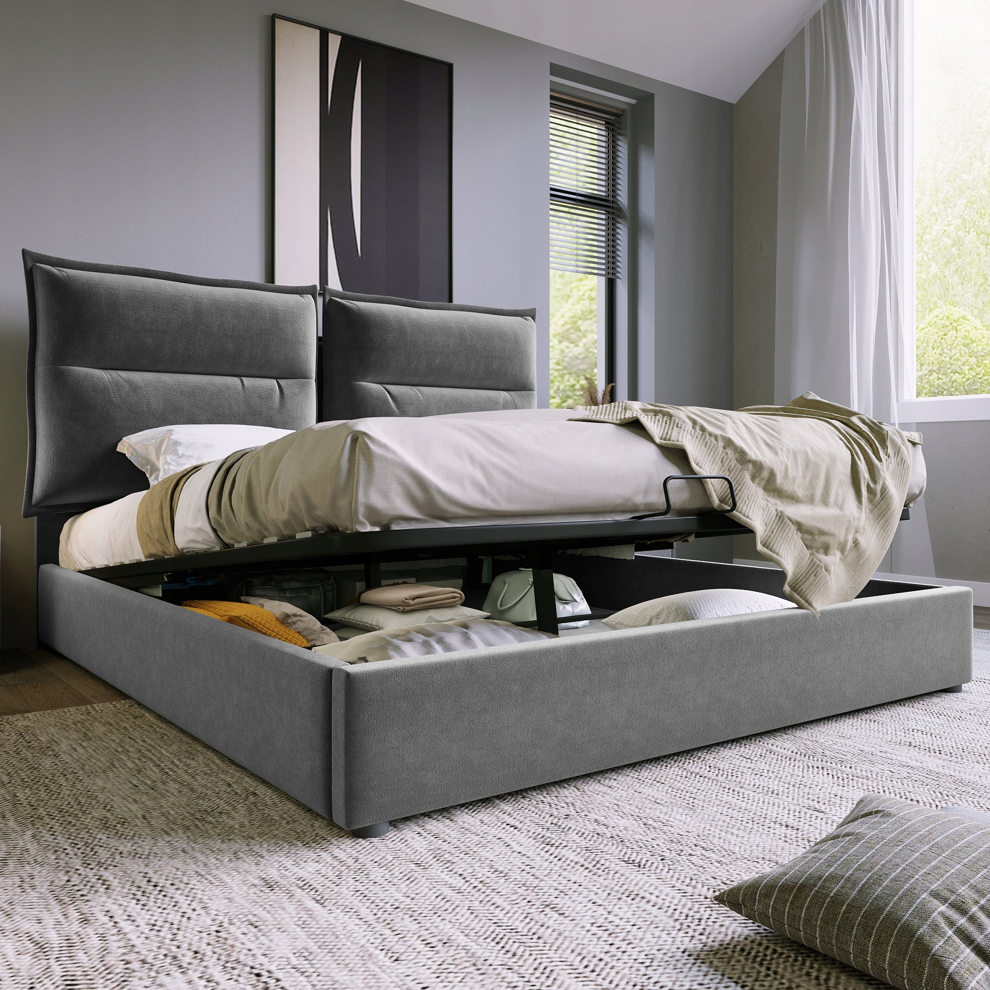 Letto imbottito 140x200 - Xylo - Grigio, regolabile idraulicamente