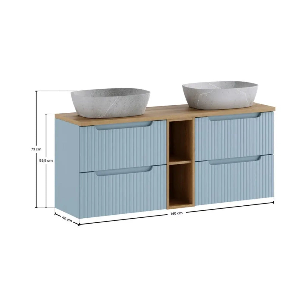 Set VANO blu denim e quercia chiara 140cm: mobili sotto lavabo con cassetti e nicchie visibili + lavabi grigi