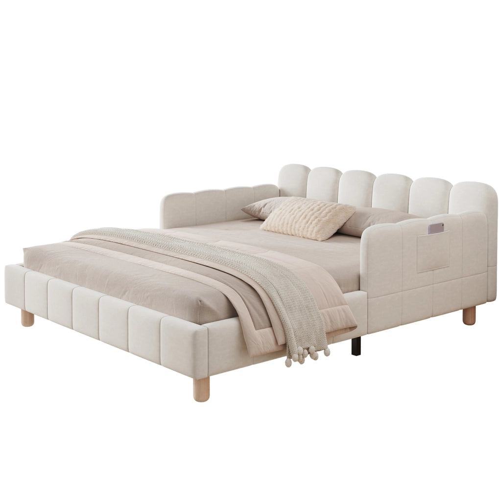 Letto per bambini 140x190 cm in velluto beige con testiera ergonomica e tasche laterali
