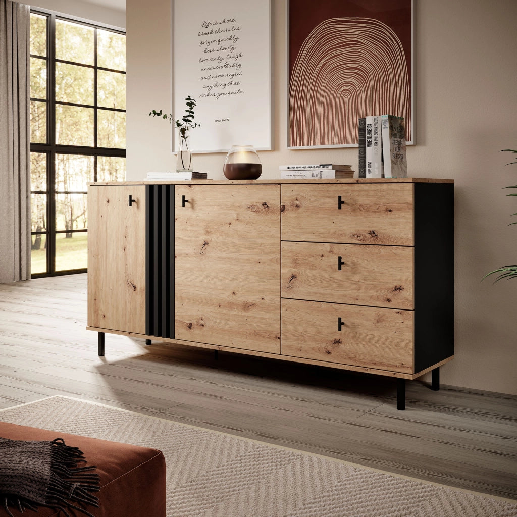 Madia Haradali, Credenza 3 Cassetti, 165x40x82h cm Marrone Rovere Nodi