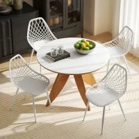 Set 4 Sedie da Pranzo Moderne con Schienale Traforato in Plastica e Gambe in Metallo, Bianco