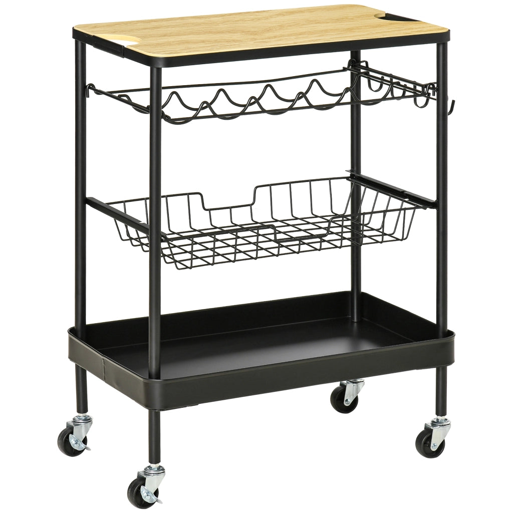 Carrello Multiuso per Cucina con Cestino e Portabottiglie ¨C Zephmum ¨C Nero 60.5x35.5x75 cm