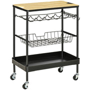 Carrello Multiuso per Cucina con Cestino e Portabottiglie ¨C Zephmum ¨C Nero 60.5x35.5x75 cm