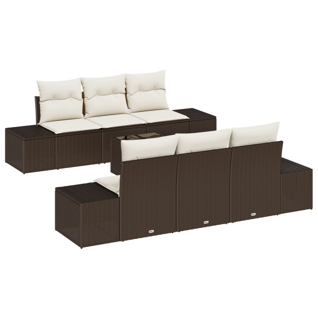 Set di divani da giardino con 7 pezzi e cuscini marrone in polyrattan