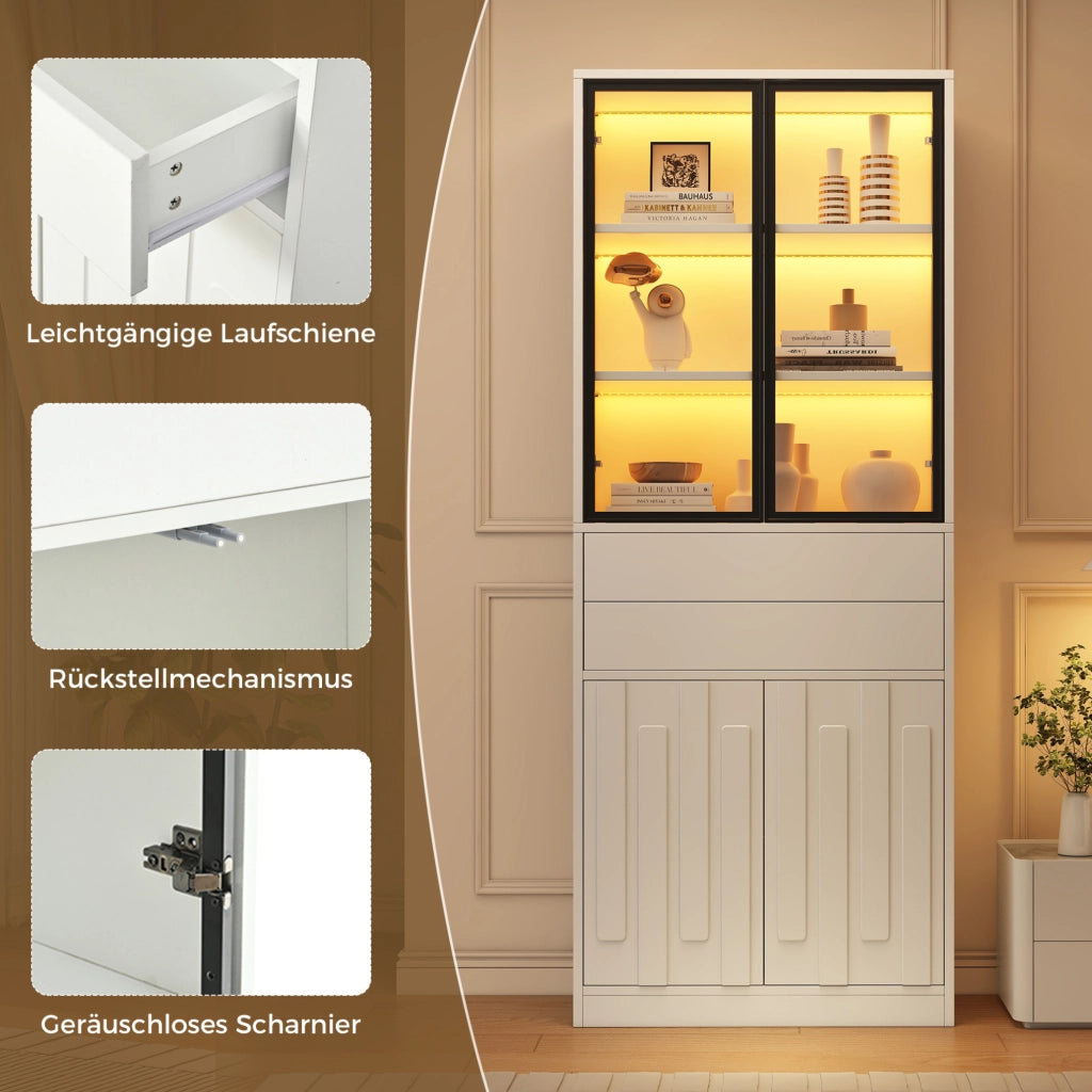 Vetrina alta ULEVR 70x34x180 cm con 4 ante, 2 cassetti, LED Bluetooth e ripiano regolabile, bianca