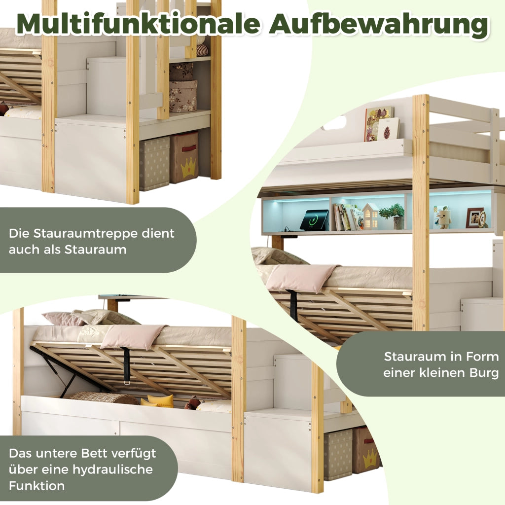 Letto a castello 90 × 200 cm e 90 × 200 cm con contenitore idraulico, scala contenitore, luci led, USB, senza materasso, bianco