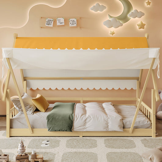 Letto bambino in legno 90x200 cm - Xylo - con tenda rimovibile, doghe, sponde di sicurezza, pino e compensato