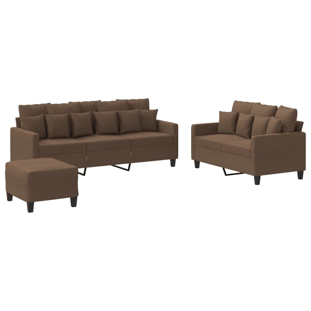 Set di Divani 3 pz con Cuscini Marrone in Tessuto