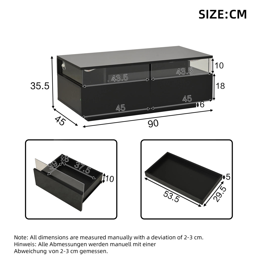 Tavolino da caffè con 2 cassetti; vassoio estraibile e LED - per soggiorno - 90×45×35.5 cm - nero