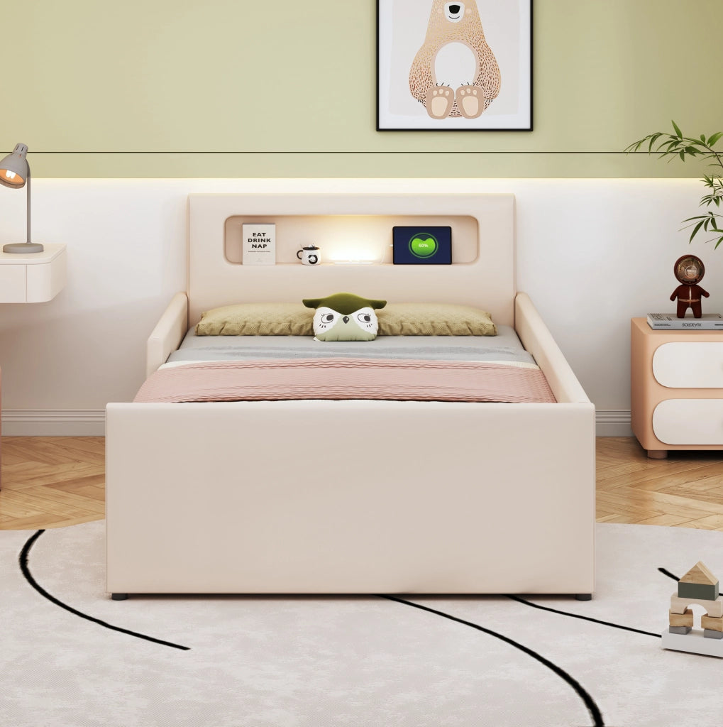 Letto singolo imbottito per bambini 90x200 cm beige con LED e USB