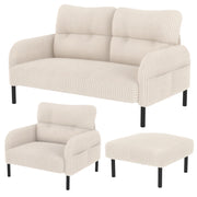 Divano 2 posti; poltrona e pouf con tasca laterale; schienale ergonomico in velluto a coste beige