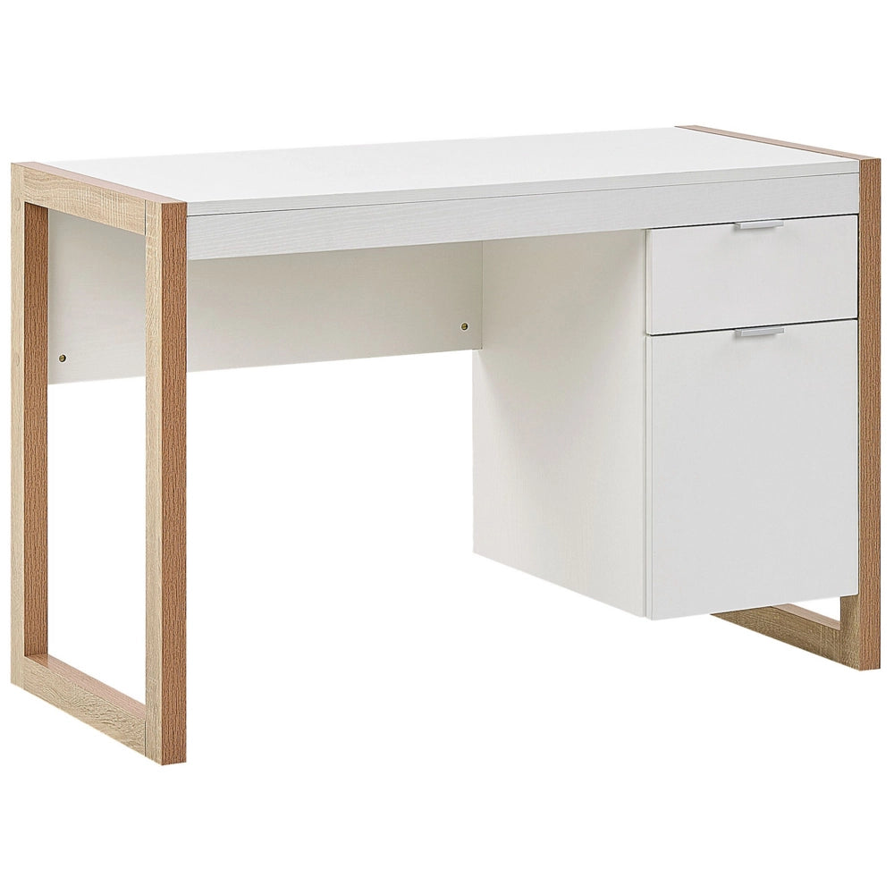 Scrivania da casa in legno bianco 110 x 50 cm cassetto portaoggetti in legno chiaro design minimalista