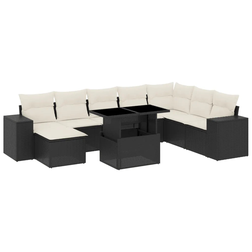 Set Divani da Giardino 9 pz con Cuscini Nero in Polyrattan