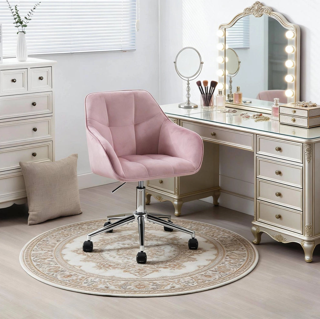 Sedia da ufficio ergonomica in velluto rosa, regolabile e girevole
