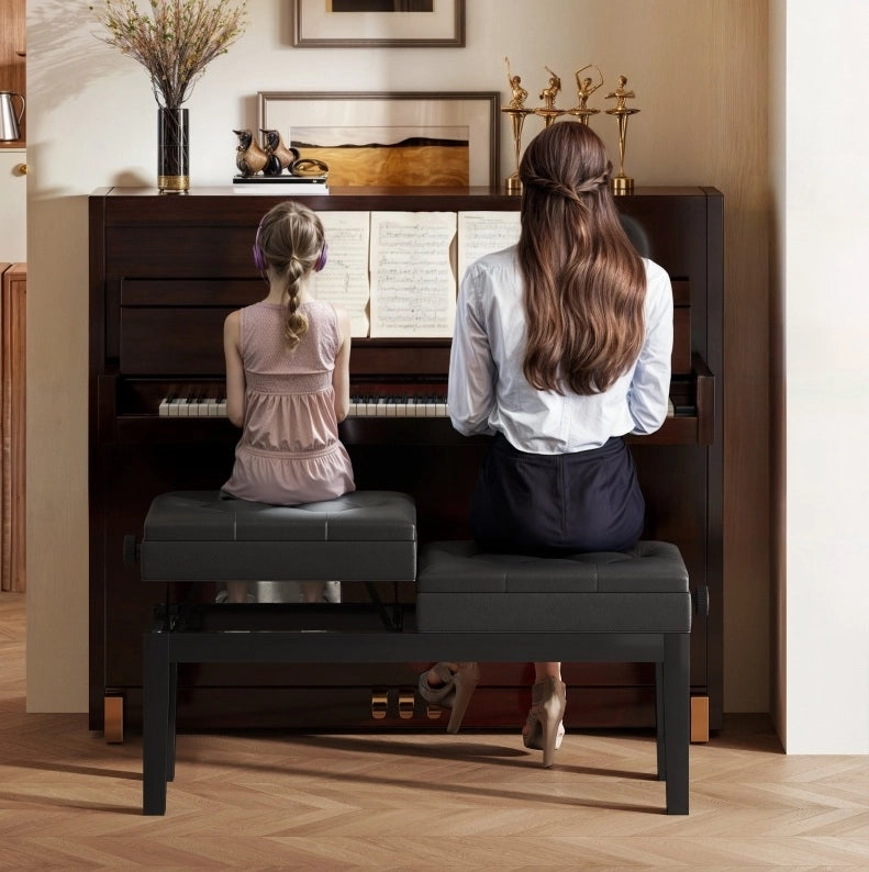 Sgabello da Piano con Contenitore 105x37x48-58 cm， Similpelle Nera