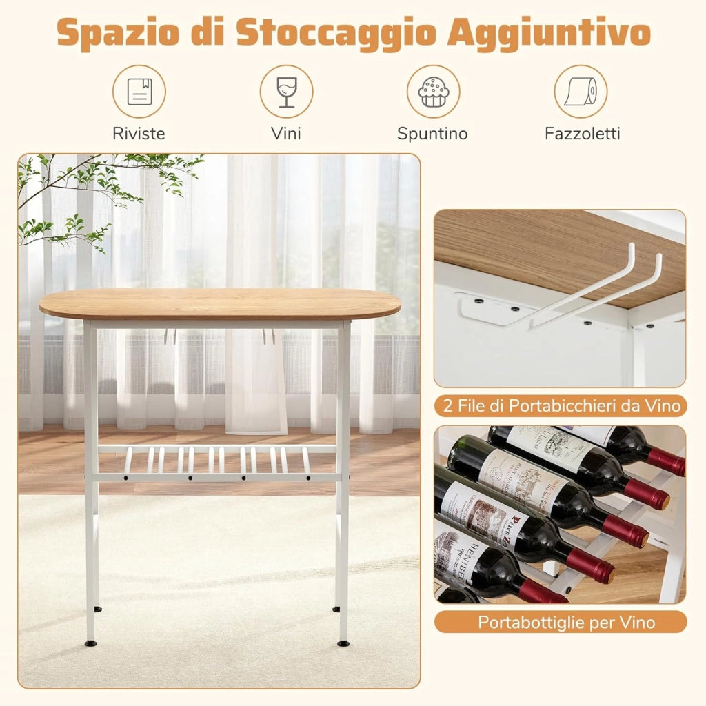 Tavolo da Pranzo con 2 Sgabelli, Tavolino e Sedie con Portabottiglie, Poggiapiedi e Struttura in Metallo, Mobili da Cucina per Bar, Bistro e Soggiorno (Naturale e Bianco)