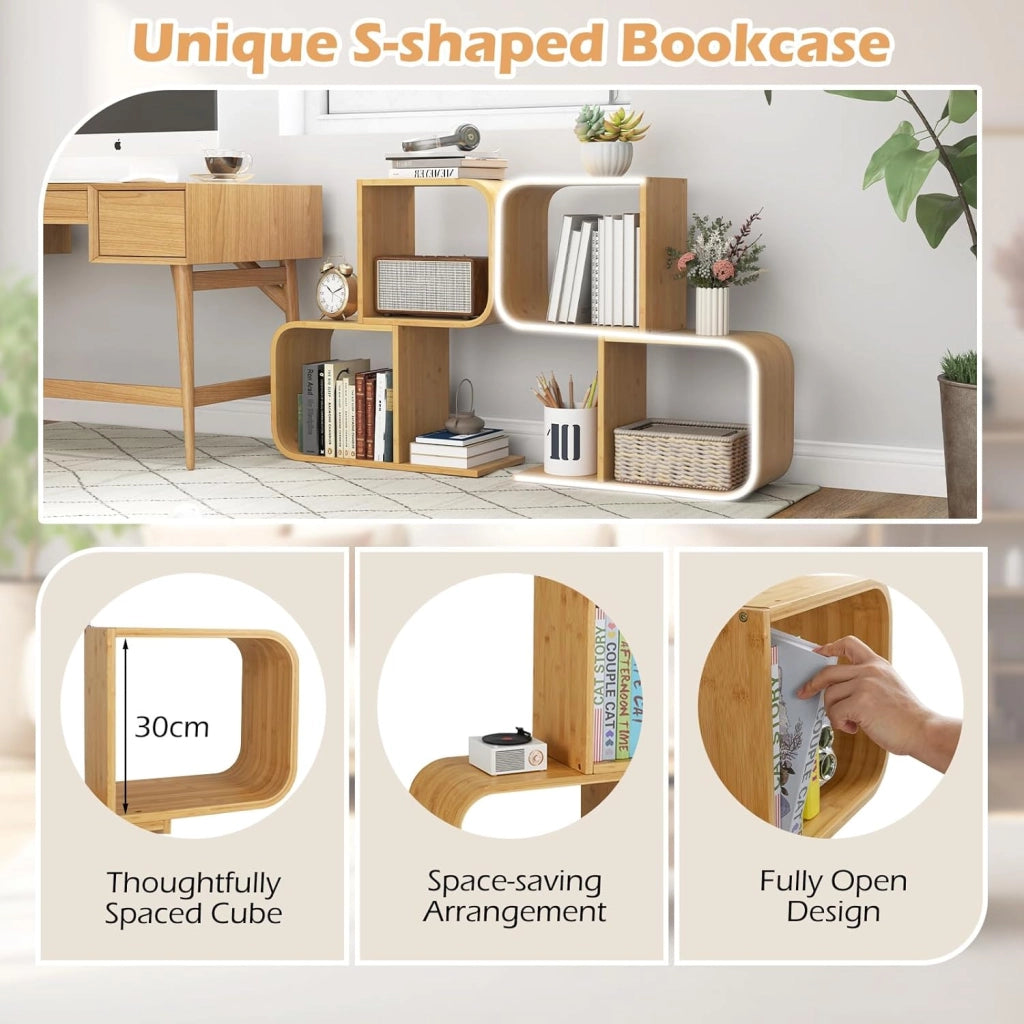 Libreria a Forma di S a 2 Cubi, in Bambù con Angoli Arrotondati e Dispositivo Anti-Ribaltamento, Scaffale Aperto per Soggiorno, Angolo e Camera da Letto (2 cubi)