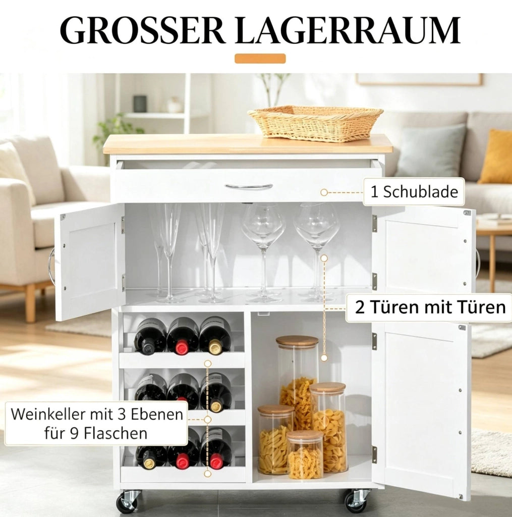 CARRELLO DA CUCINA 67x37x87 cm Bianco e Legno di Gomma con Ruote