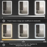Specchio Bagno con Interruttore Touch, Luce LED a 3 Temperature e Antiappannamento, 70x100cm