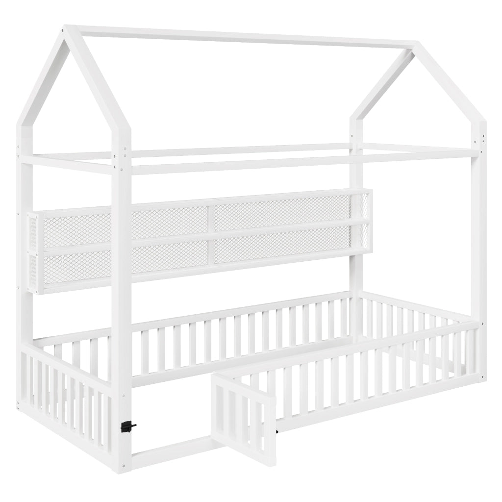 Letto singolo a piattaforma 90x200 cm a forma di casa con barriera e LED bianco