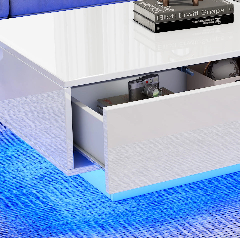 Tavolino da caffè moderno bianco lucido 115 x 55 x 34 cm con 2 cassetti e LED
