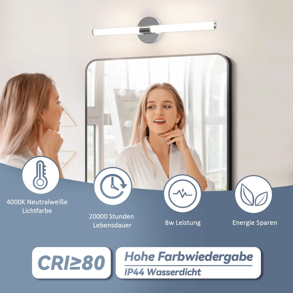 ZMH Lampada da Specchio LED a Parete 8W 60 cm 4000K Luce Neutra Moderna IP44 Cromata per Armadio da Bagno Cantina Cucina