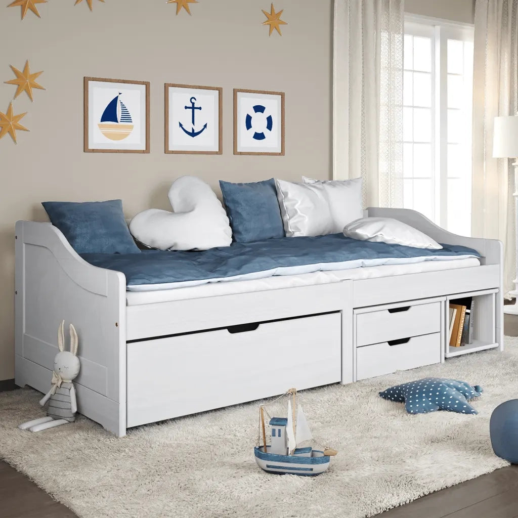 Letto singolo | Letto per adulti | Dormeuse 3 Cassetti Bianca 90x200 cm Legno Massello Pino IRUN