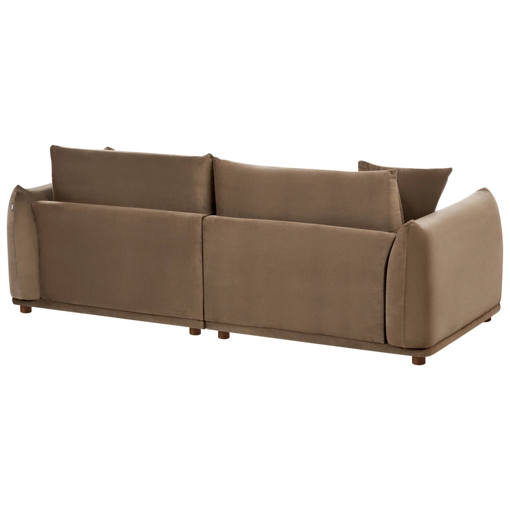 Set divano moderno a 5 posti in velluto con cuscini decorativi e poltrone con gambe in legno marrone stile moderno