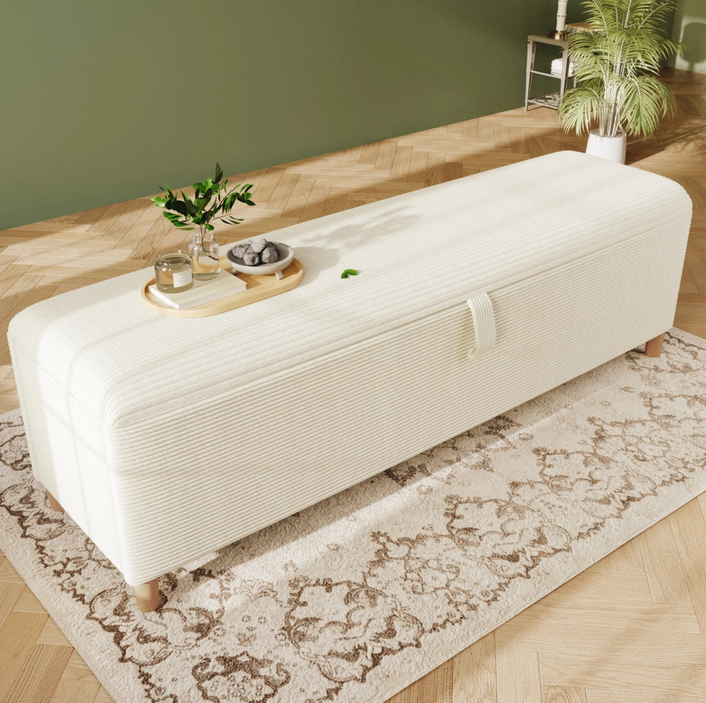 Panca contenitore 145x38x46 cm con vano idraulico in corduroy; legno; beige
