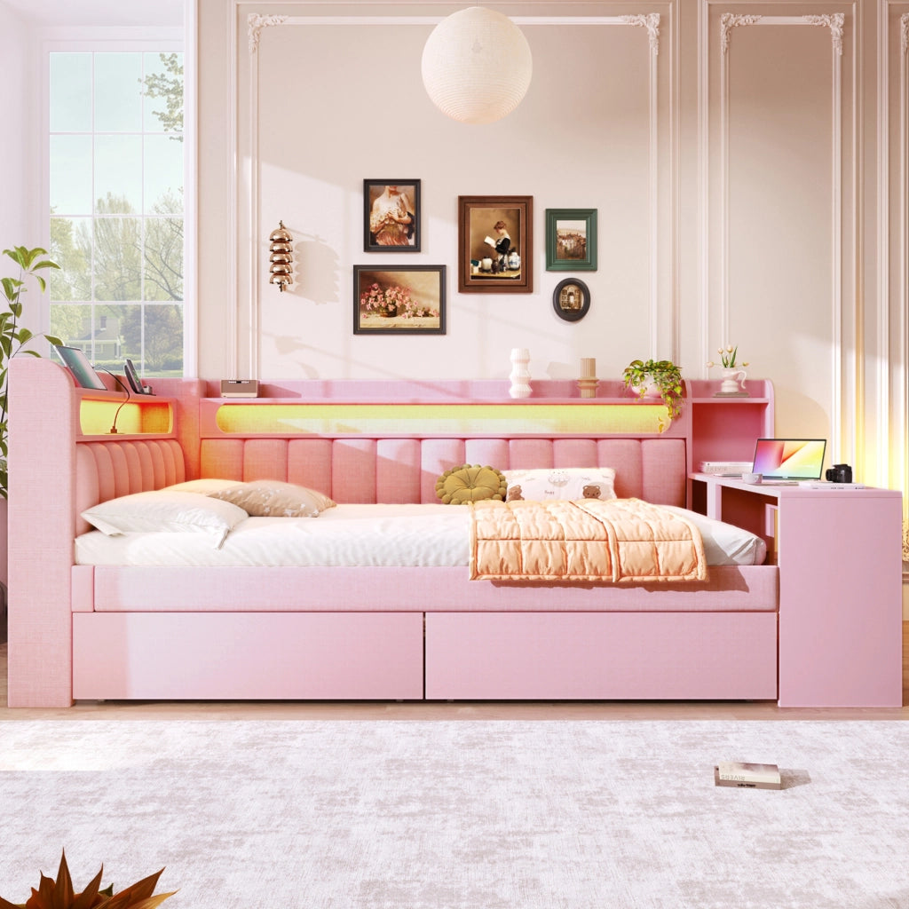 Daybed imbottito 140x200 cm con USB; LED; scrivania e 2 cassetti; rosa