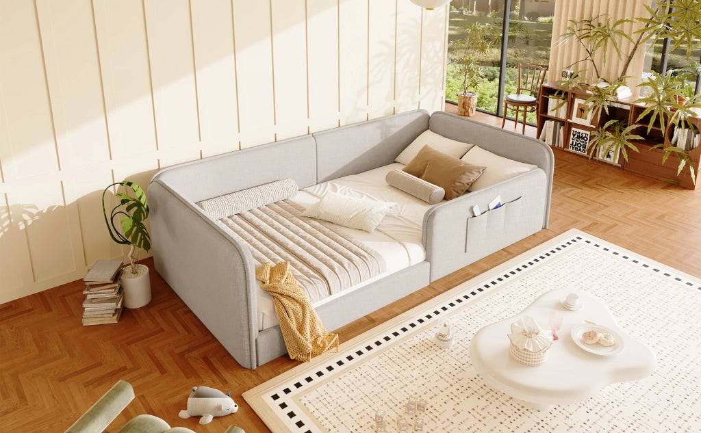 Letto a Piattaforma 90x200 Imbottito in Lino Letto Singolo Beige