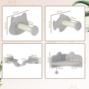 Set da parete per gatti ULEVR con 4 elementi, piattaforme, scala, tiragraffi e pallina, grigio chiaro