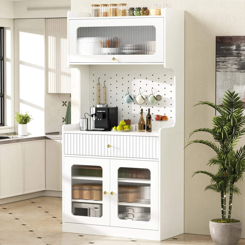 Credenza 80x40x180 cm con LED; ripiani regolabili e anta ribaltabile in MDF e truciolare bianco