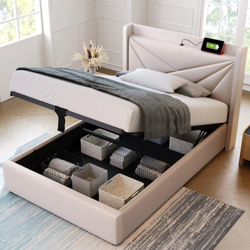 Letto imbottito 90x200 beige con contenitore, USB/Type-C e materasso H3