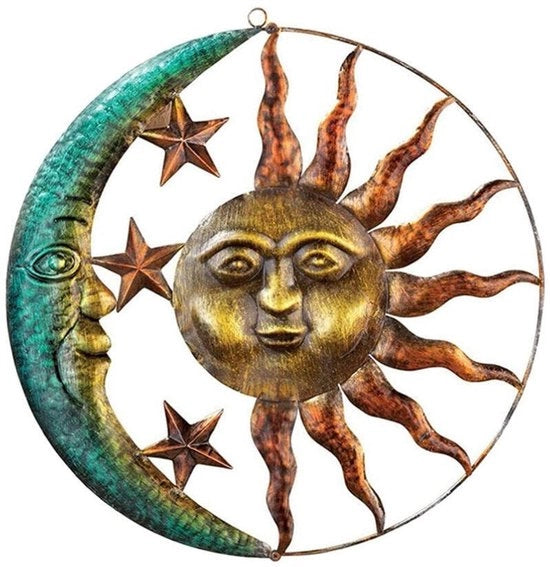 Decorazione per parete in metallo - Sole e Luna - Scultura unica per parete - 29 cm - Arte celeste - Per interni ed esterni - Decorazione decorativa per parete