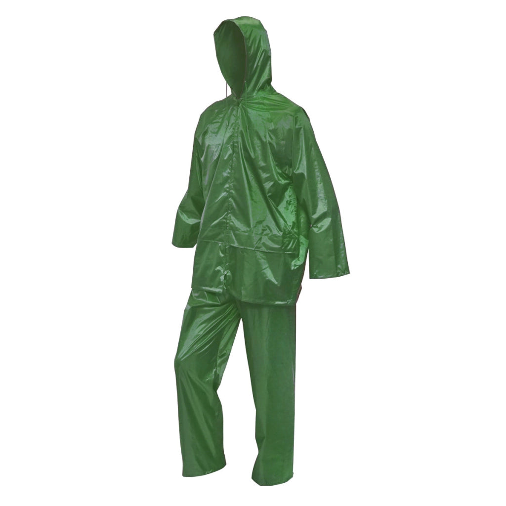 Completo impermeabile taglia M con cappuccio e pantaloni in poliestere e PVC, verde Breckner Germany