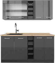 Cucina completa R-Line, Antracite lucido/antracite, 160 cm, PL Rovere, adatto per l'espansione individuale con moduli aggiuntivi