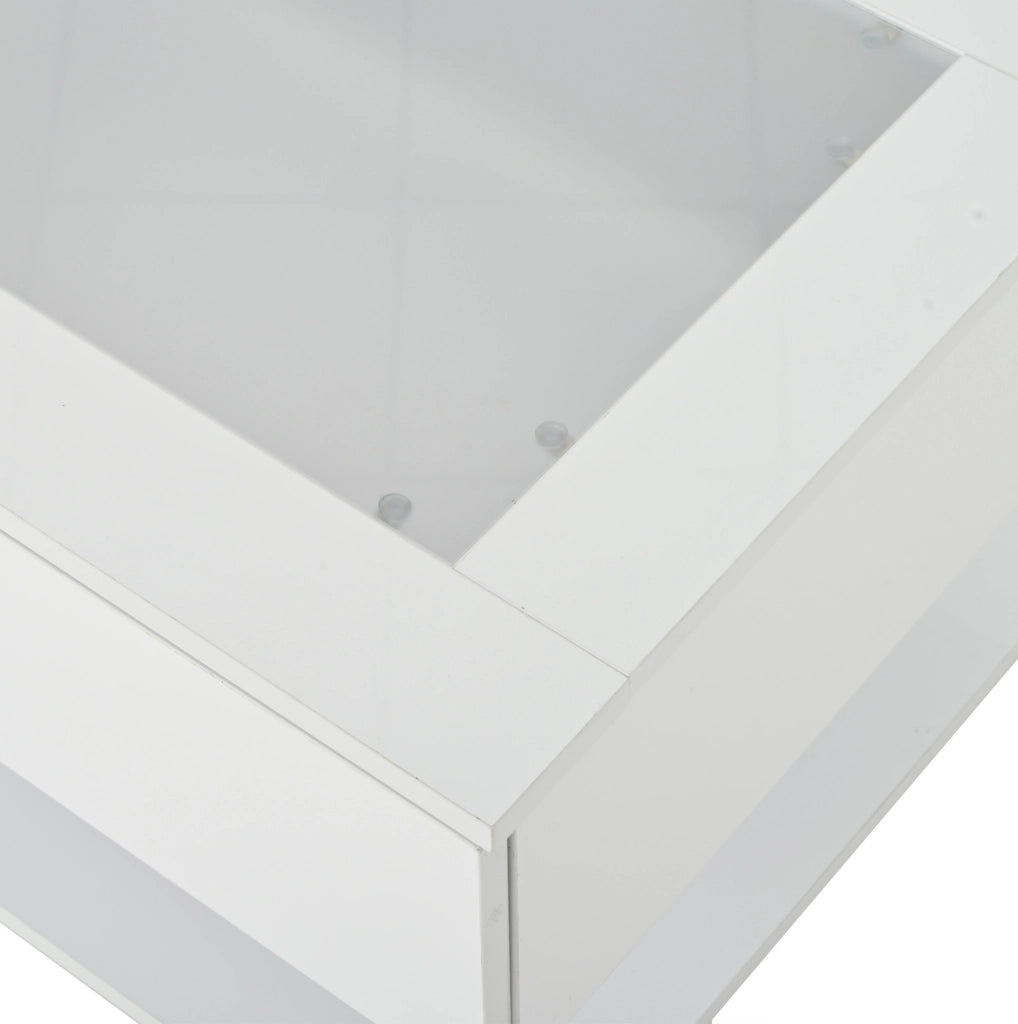 Tavolino da salotto 100x50x35 cm bianco lucido con 2 cassetti; piano in vetro temperato e LED