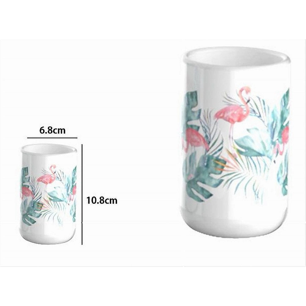 Trade Shop - Bicchiere Porta Spazzolino Con Fenicotteri In Ceramica Accessorio Da Bagno 69959 -