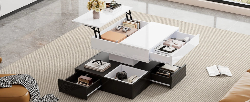 TAVOLO DA SALOTTO 70x70x40/55 cm Bianco Nero girevole 360° con 3 cassetti