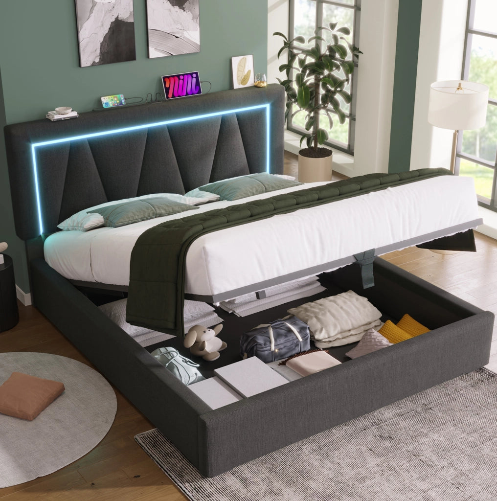 Letto matrimoniale 140x200 cm con LED; USB e Type-C; contenitore; in lino grigio