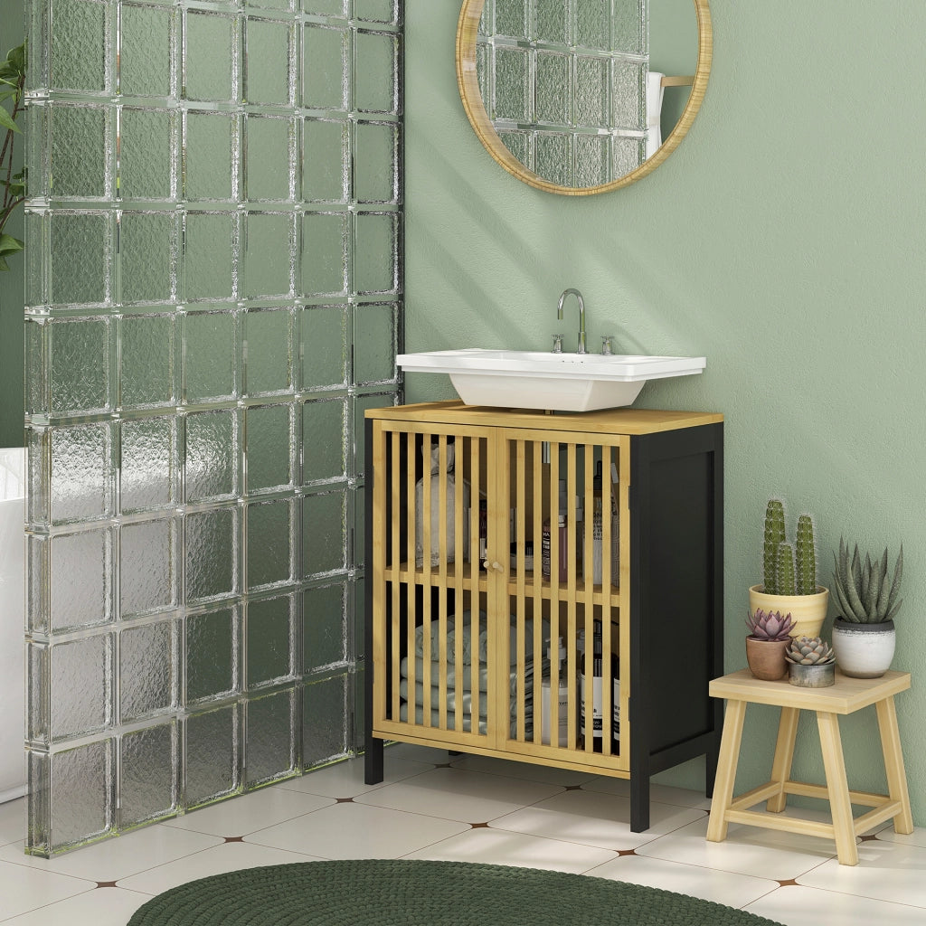 Mobile Sottolavabo Bagno con 2 Ante a Doghe in Legno di Bamb¨´ e MDF con Intaglio a U, 60x30x70cm